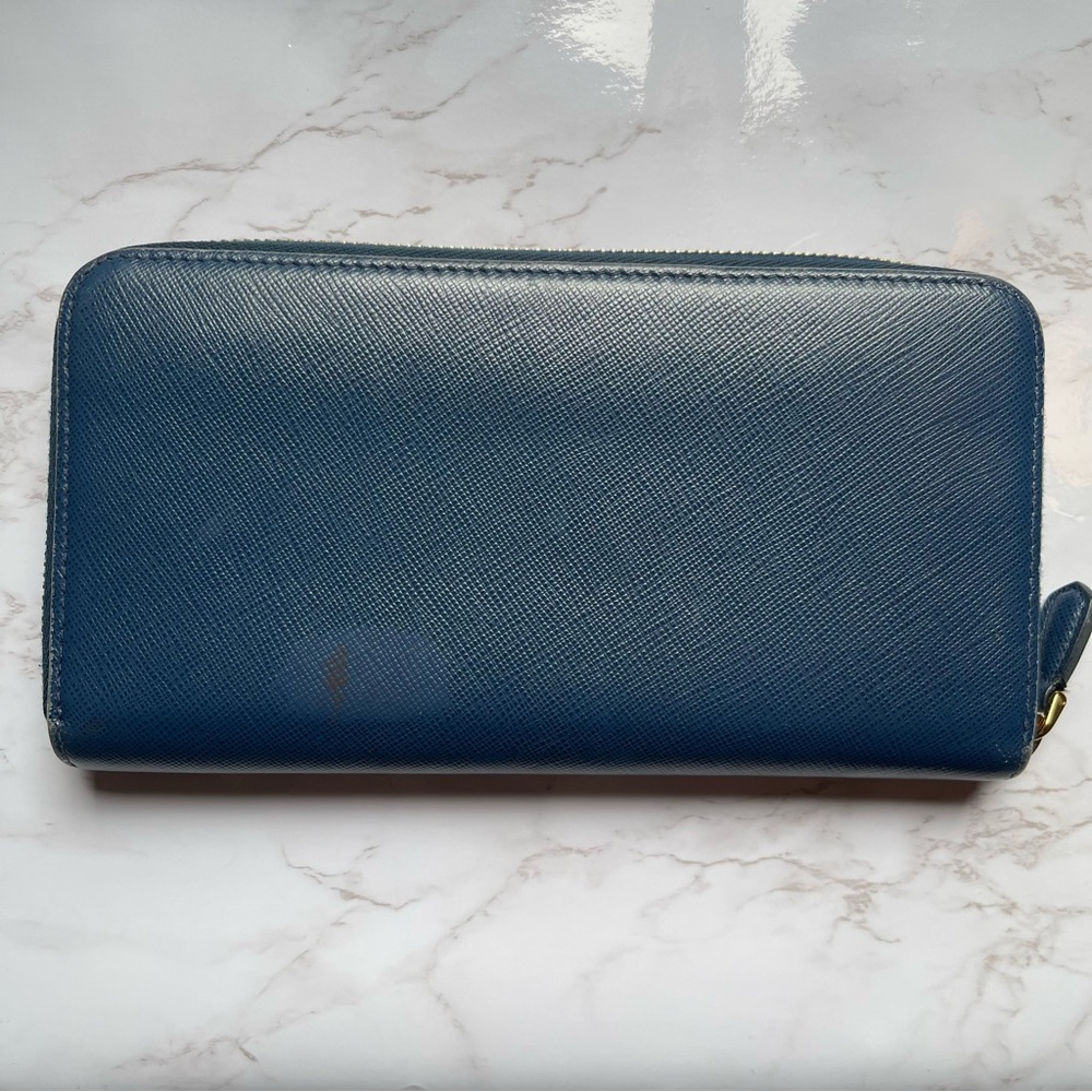 PRADA Saffiano Leather Navy Blue Large Zip Around Wallet Zippy Gold Logo - Picture 3 of 11